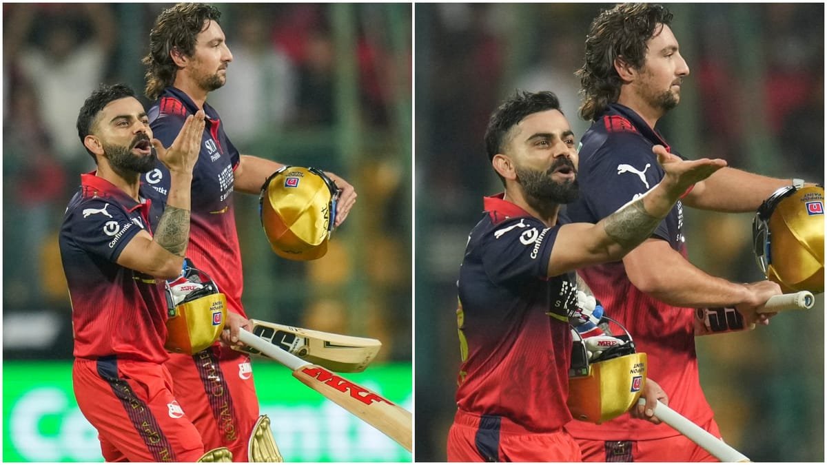 rcb vs srh: आरसीबी की जीत के बाद कोहली का रोमांटिक अंदाज, स्टैंड्स में बैठीं अनुष्का को दिया 'फ्लाइंग किस'
